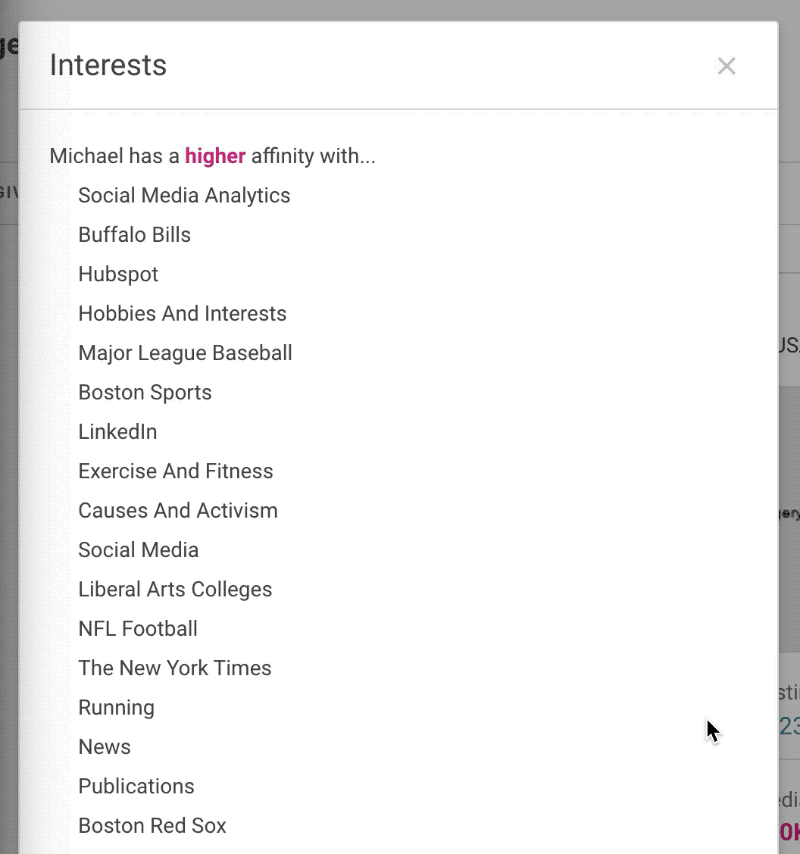 A list of interests on a TrueView Profile