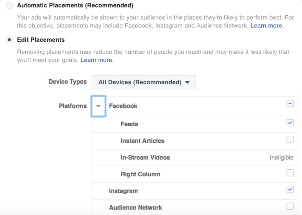 Facebook Ad Sets Placements