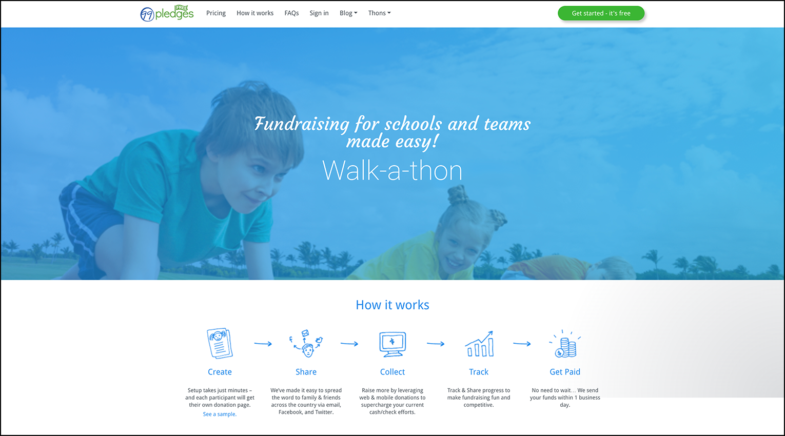 A screenshot of fundraising software 99Pledge's homepage