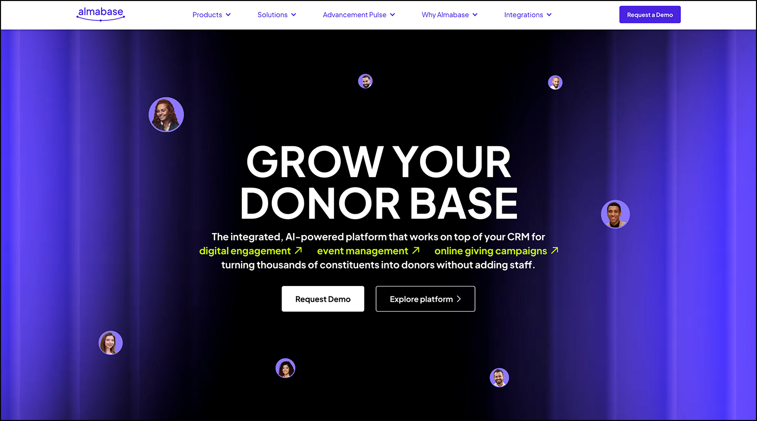 A screenshot of fundraising software Almabase's homepage