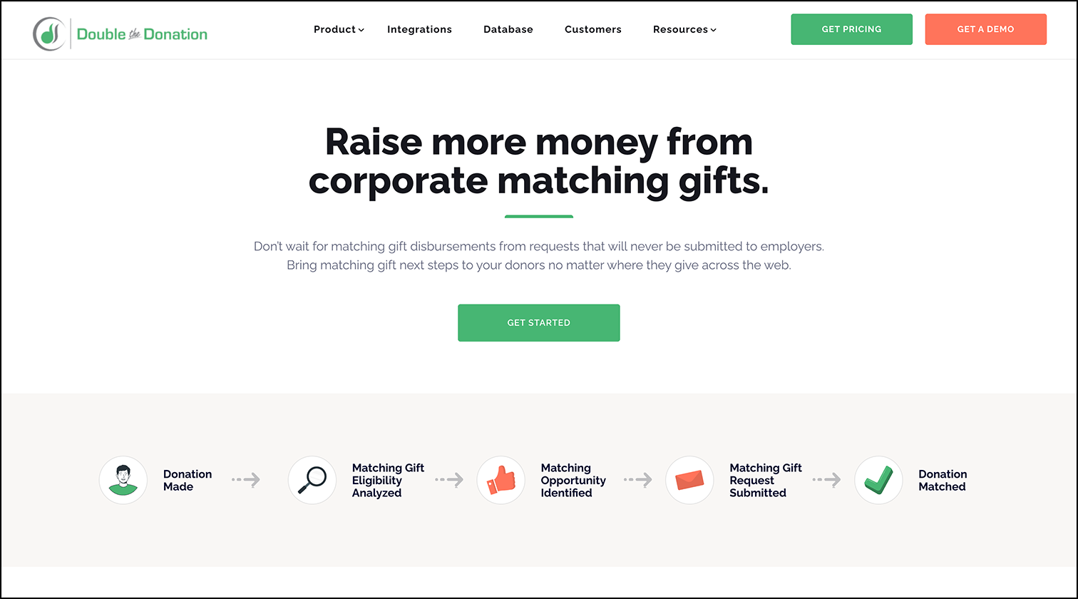 A screenshot of fundraising software Double the Donation's homepage