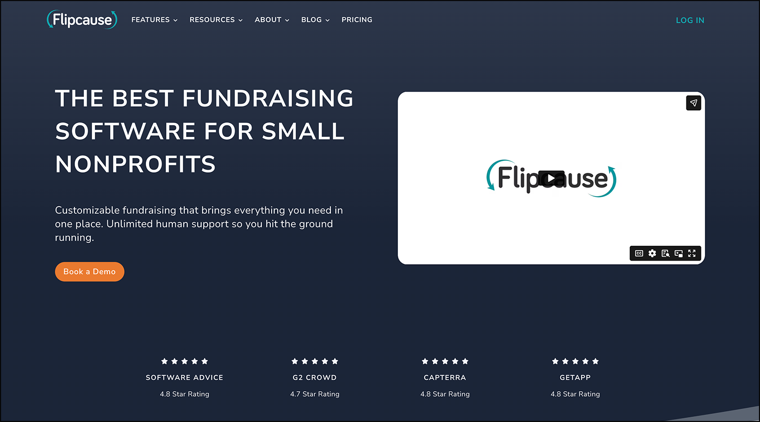 A screenshot of fundraising software Flipcause's homepage