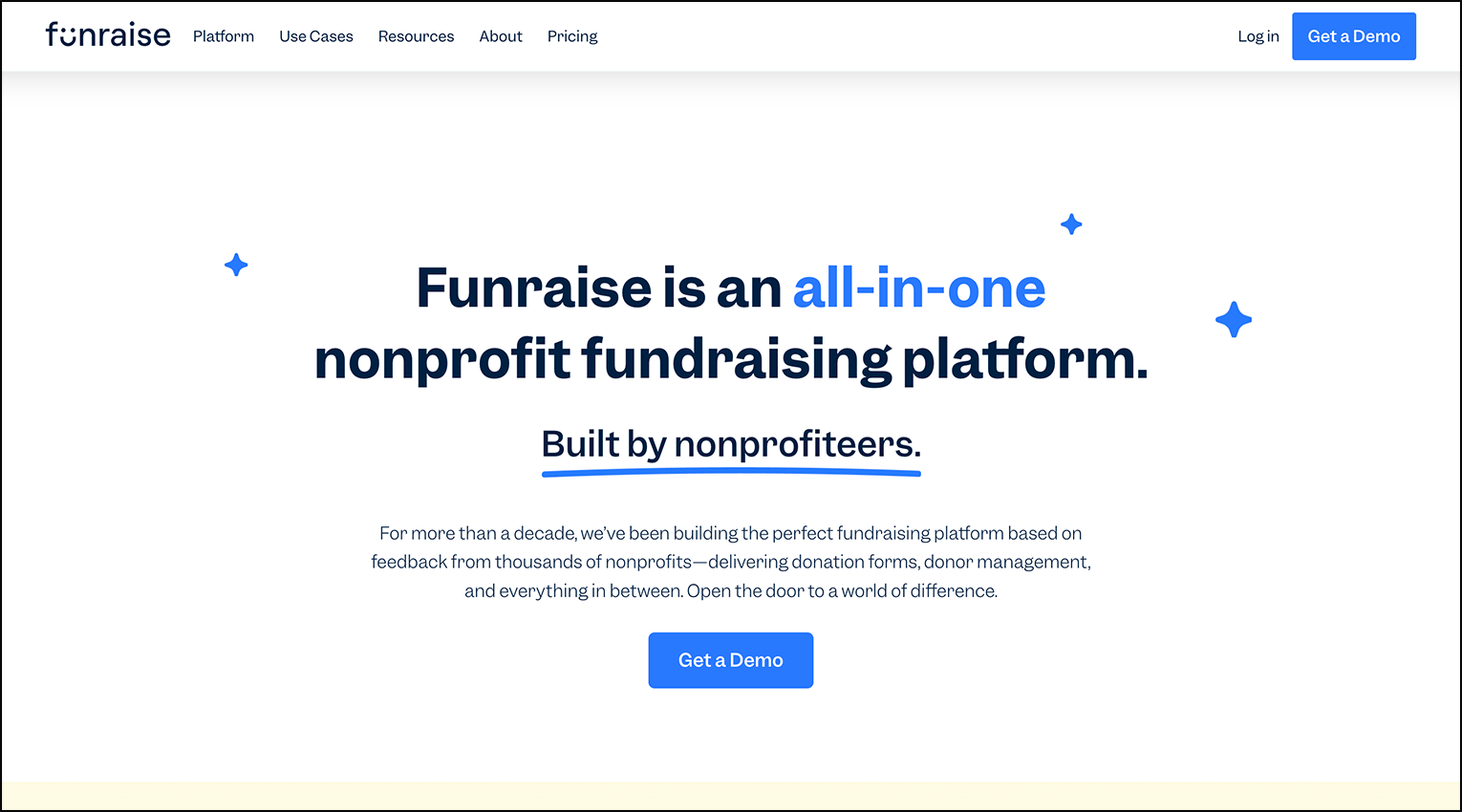 A screenshot of fundraising software Funraise's homepage