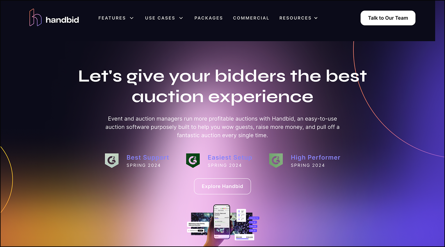 A screenshot of fundraising software Handbid's homepage