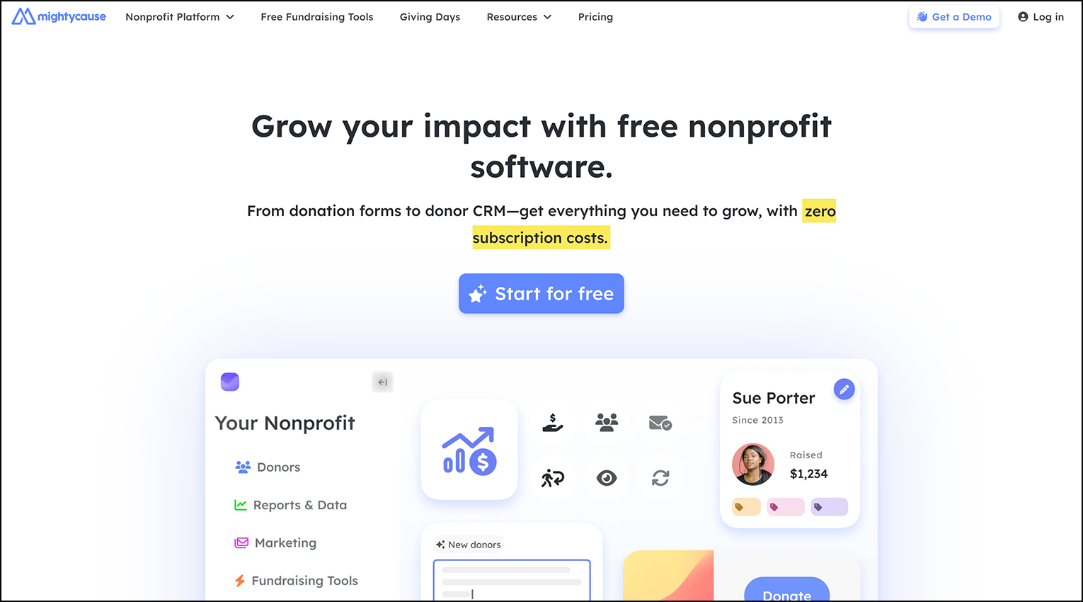 A screenshot of fundraising software Mightycause's homepage