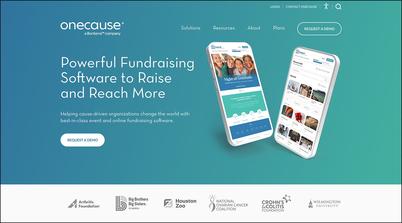 A screenshot of fundraising software OneCause's homepage