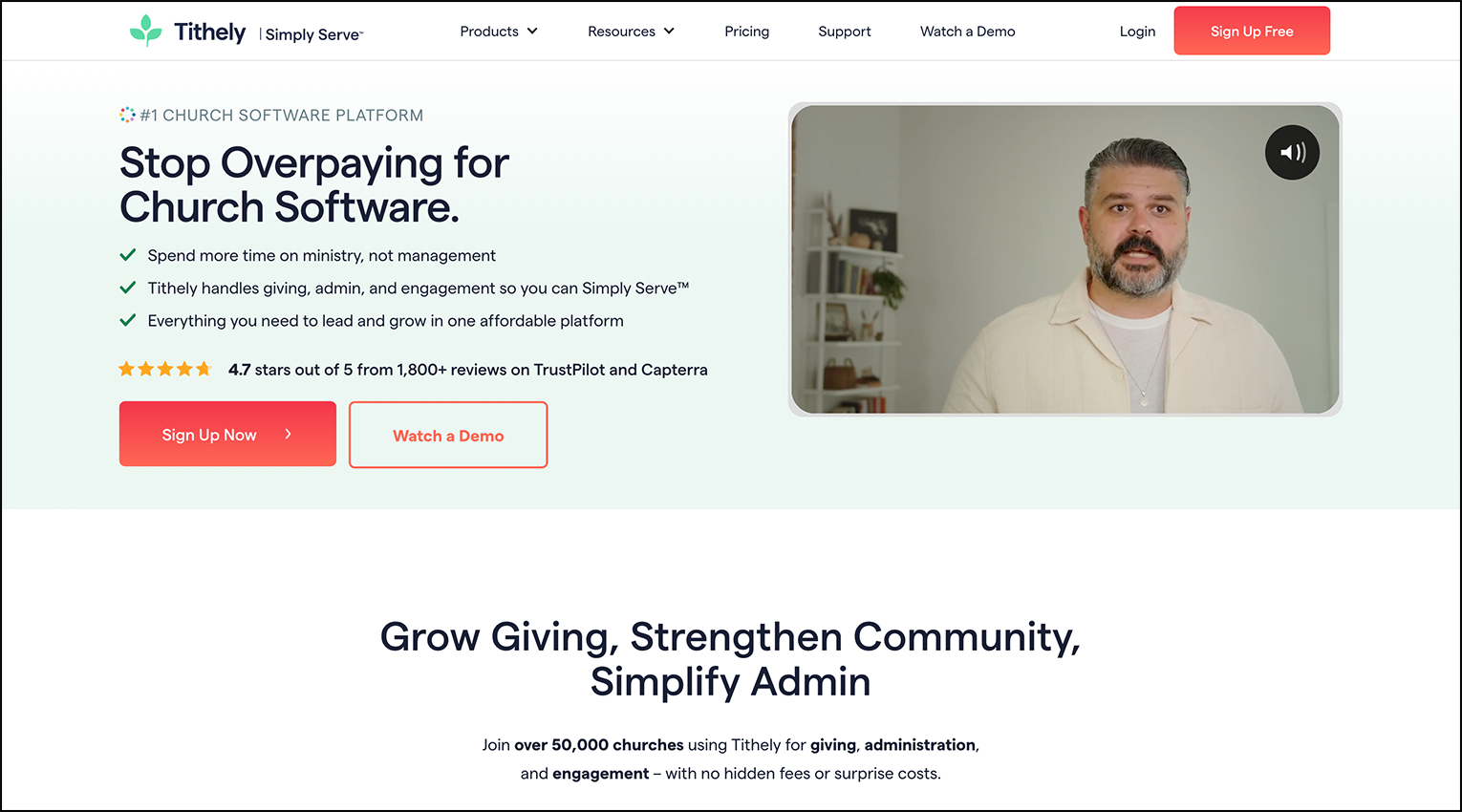 A screenshot of fundraising software Tithely's homepage