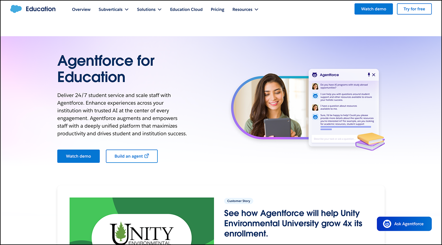 A screenshot of donor management software Agentforce for Education's homepage