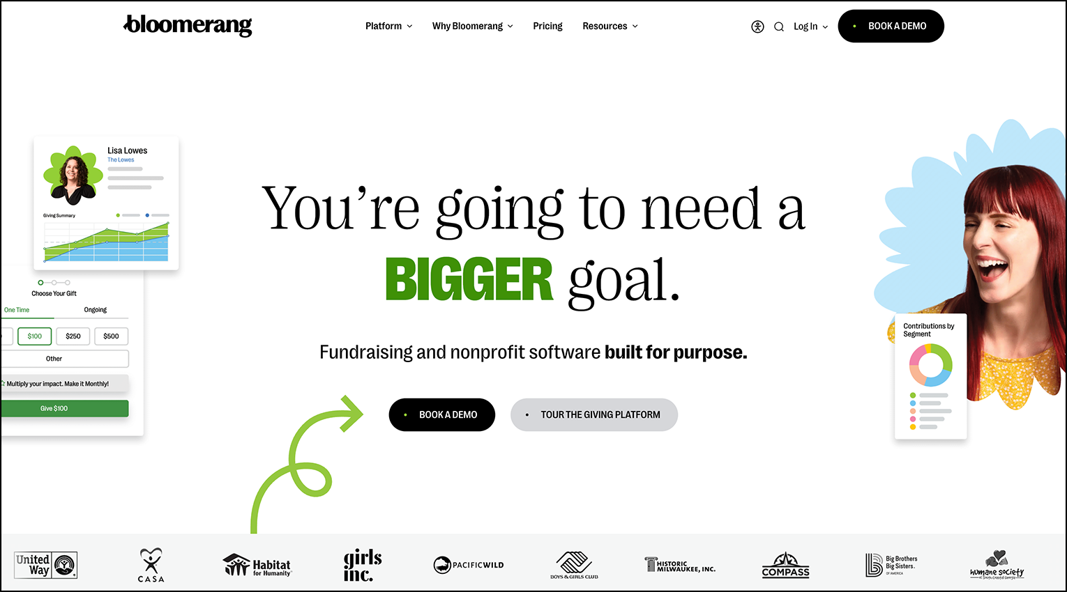 A screenshot of donor management software Bloomerang's homepage