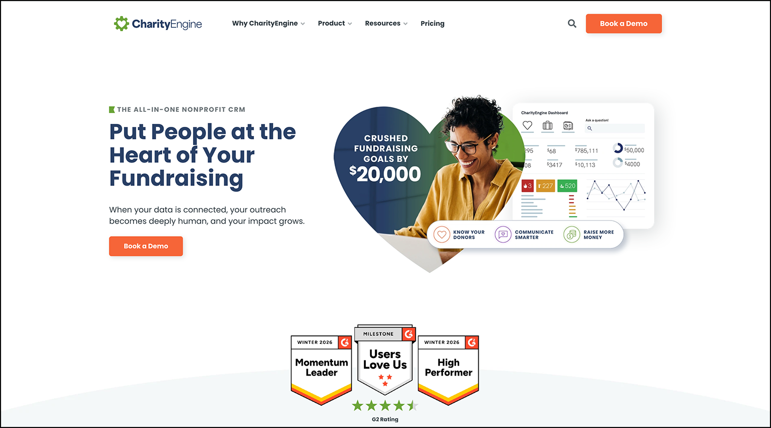 A screenshot of donor management software CharityEngine's homepage
