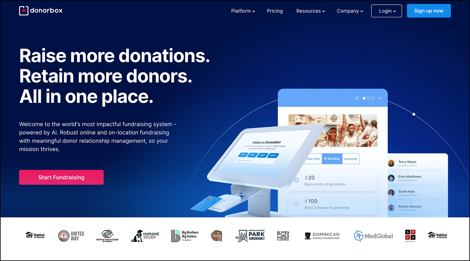 A screenshot of donor management software Donorbox's homepage