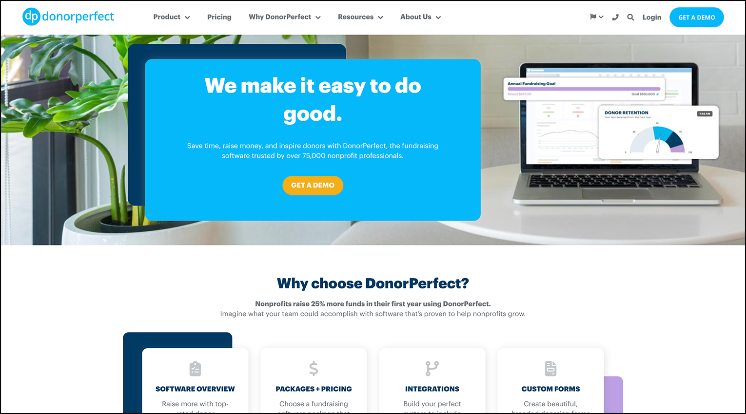 A screenshot of donor management software DonorPerfect's homepage