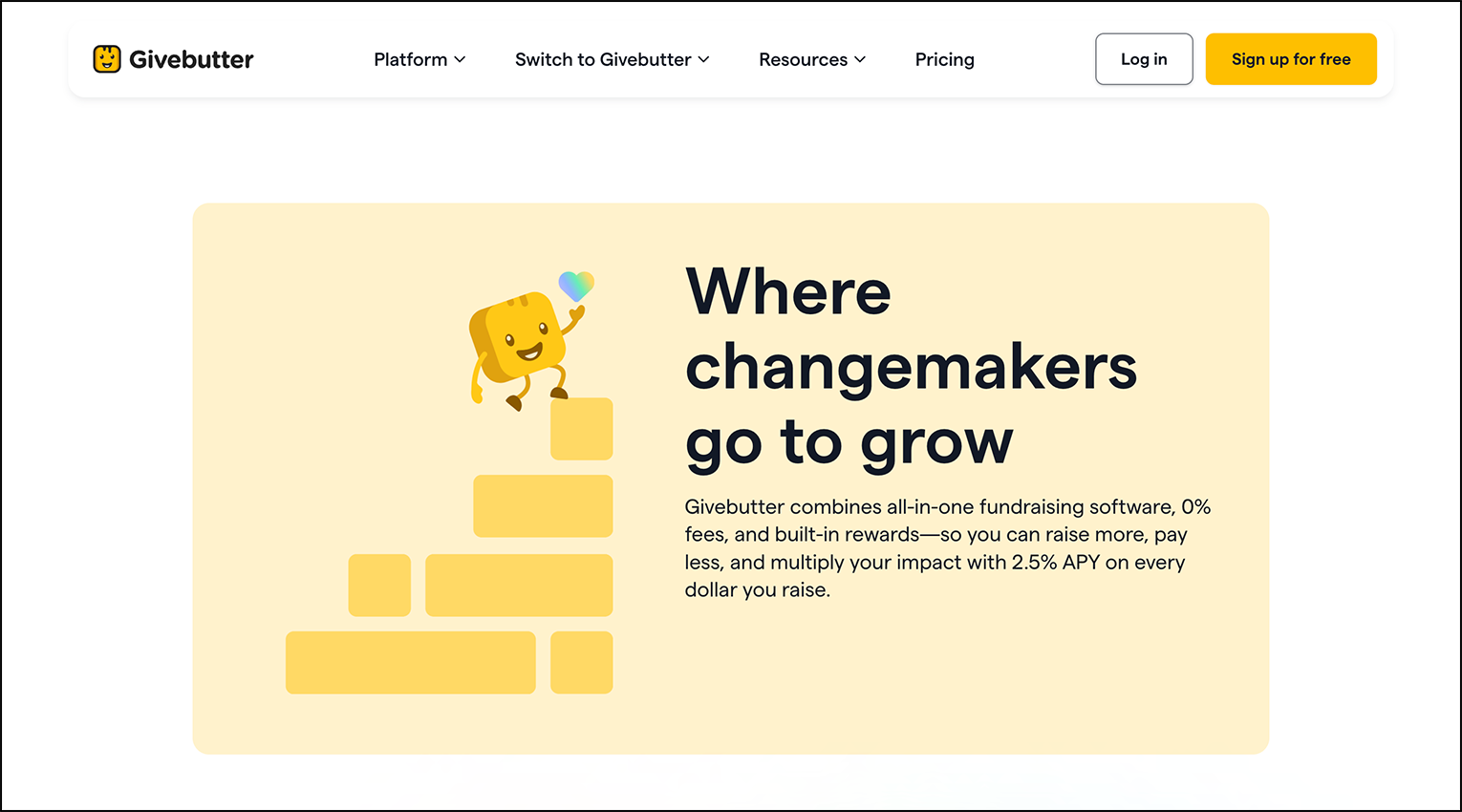 A screenshot of donor management software Givebutter's homepage