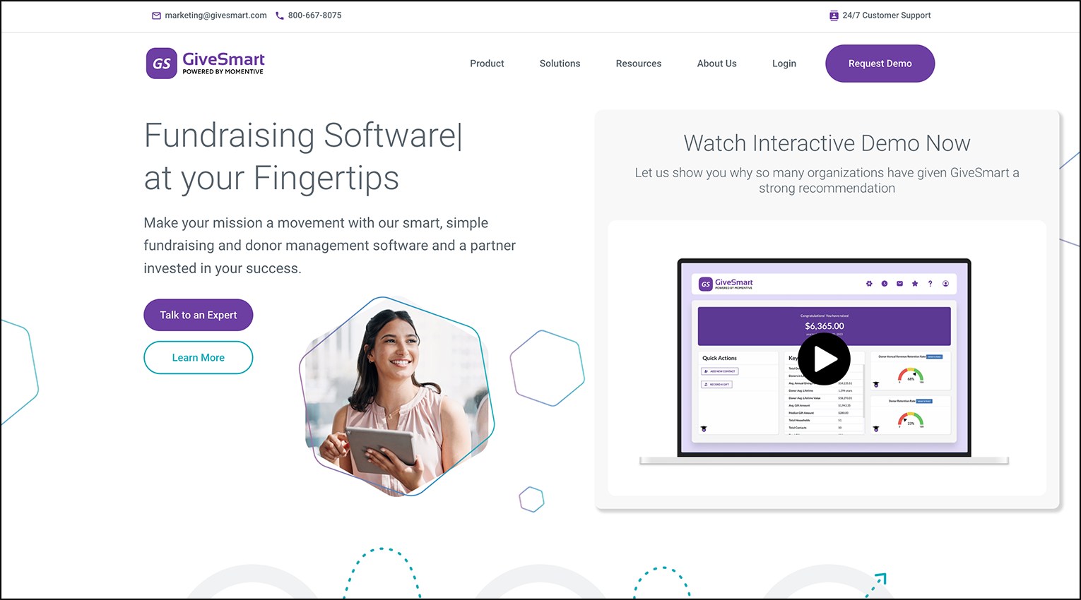 A screenshot of donor management software GiveSmart's homepage