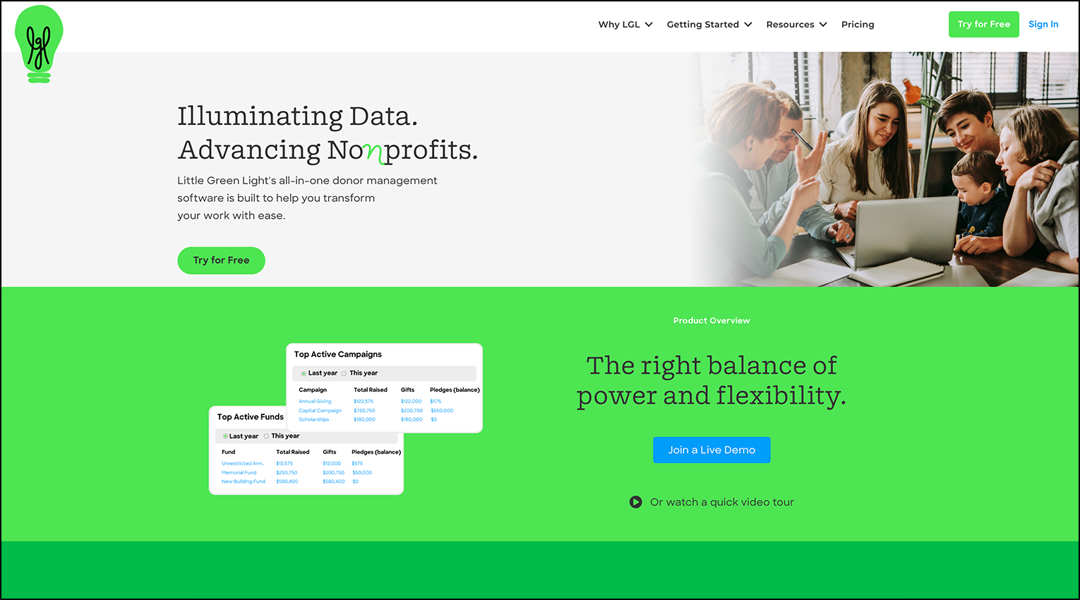 A screenshot of donor management software Little Green Light's homepage