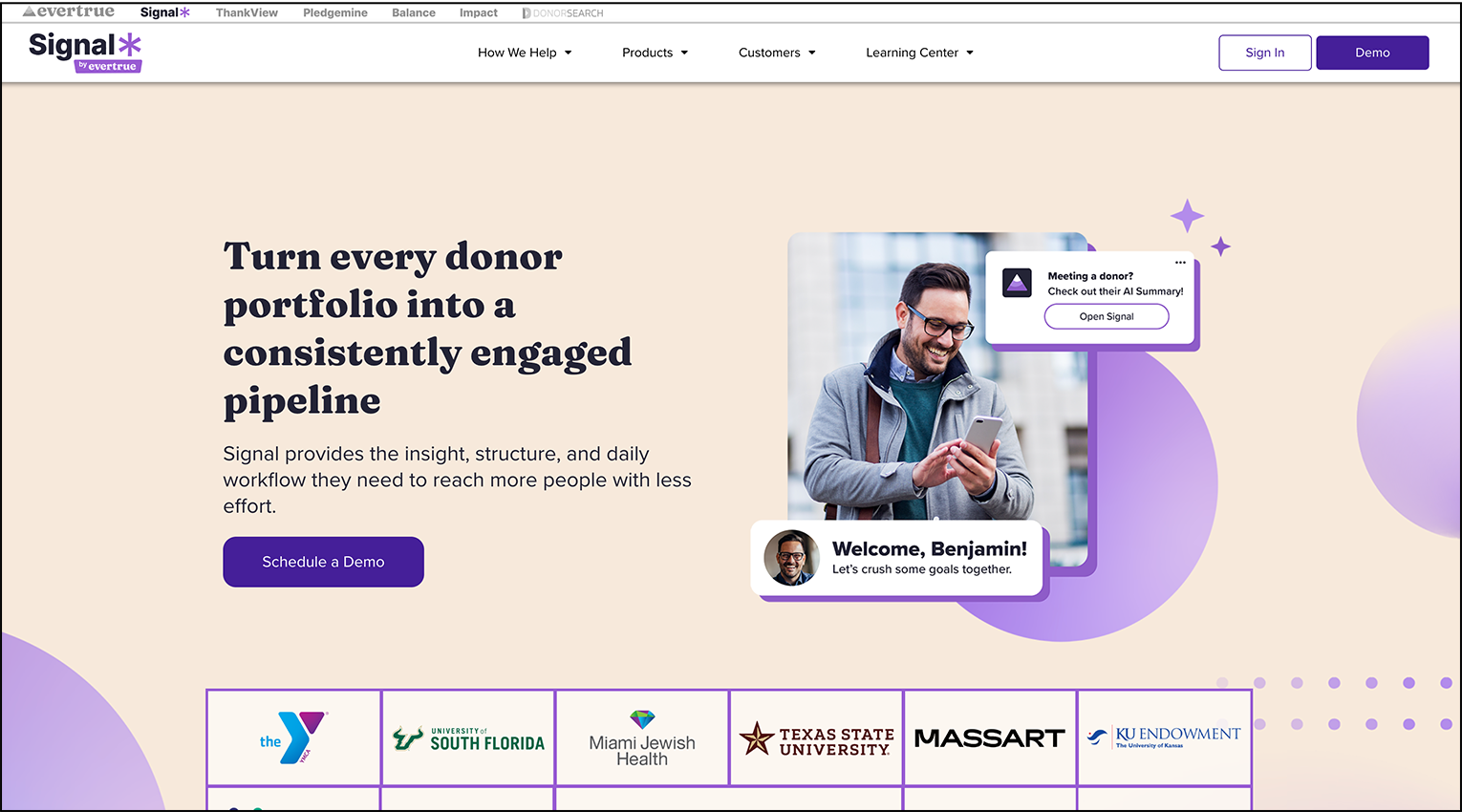 A screenshot of donor management software Signal's homepage