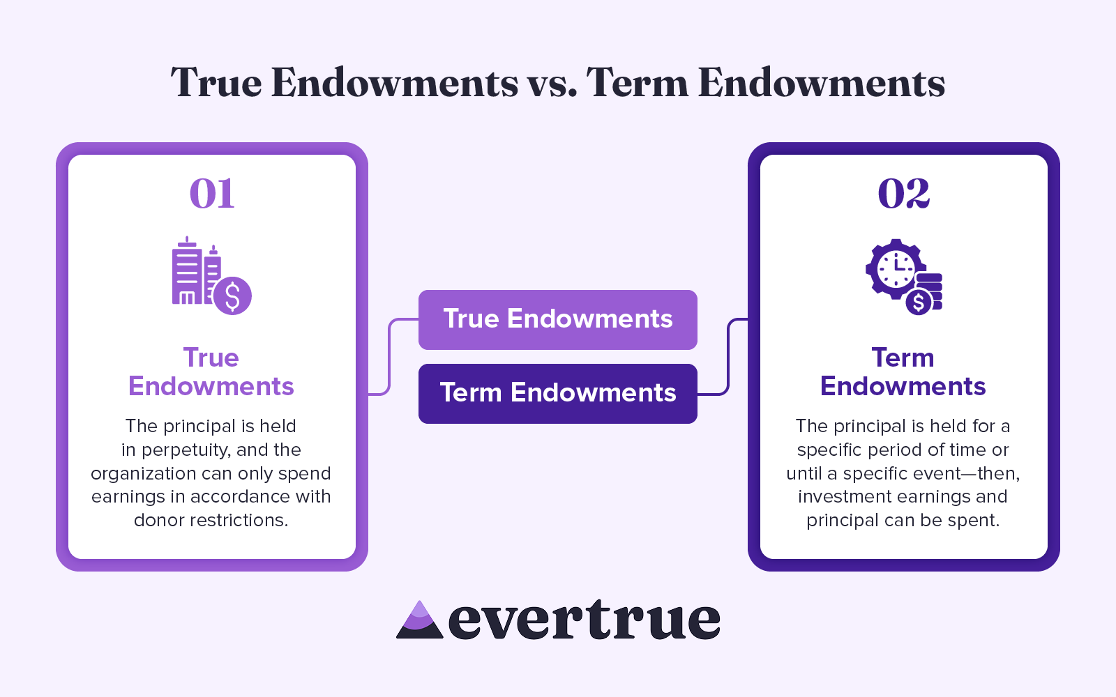 A comparison of true and term endowments (detailed in text below).