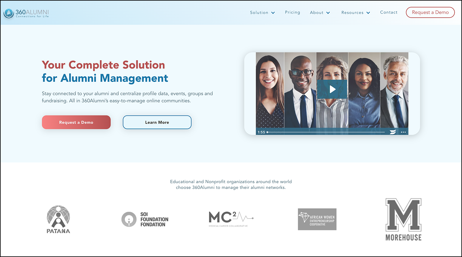 A screenshot of the home page for alumni management software, 360Alumni