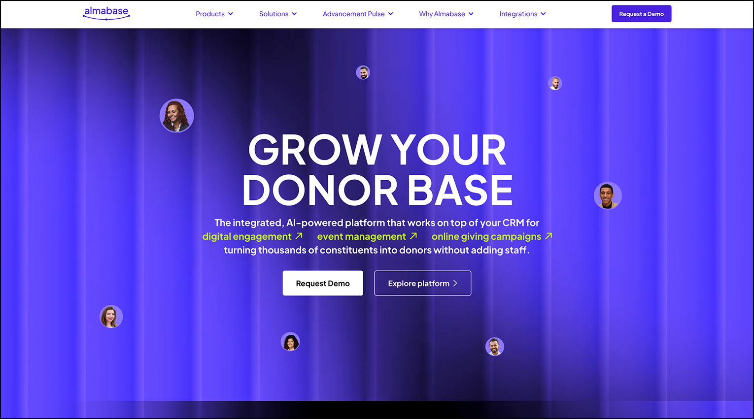 A screenshot of the home page for alumni management software, Almabase