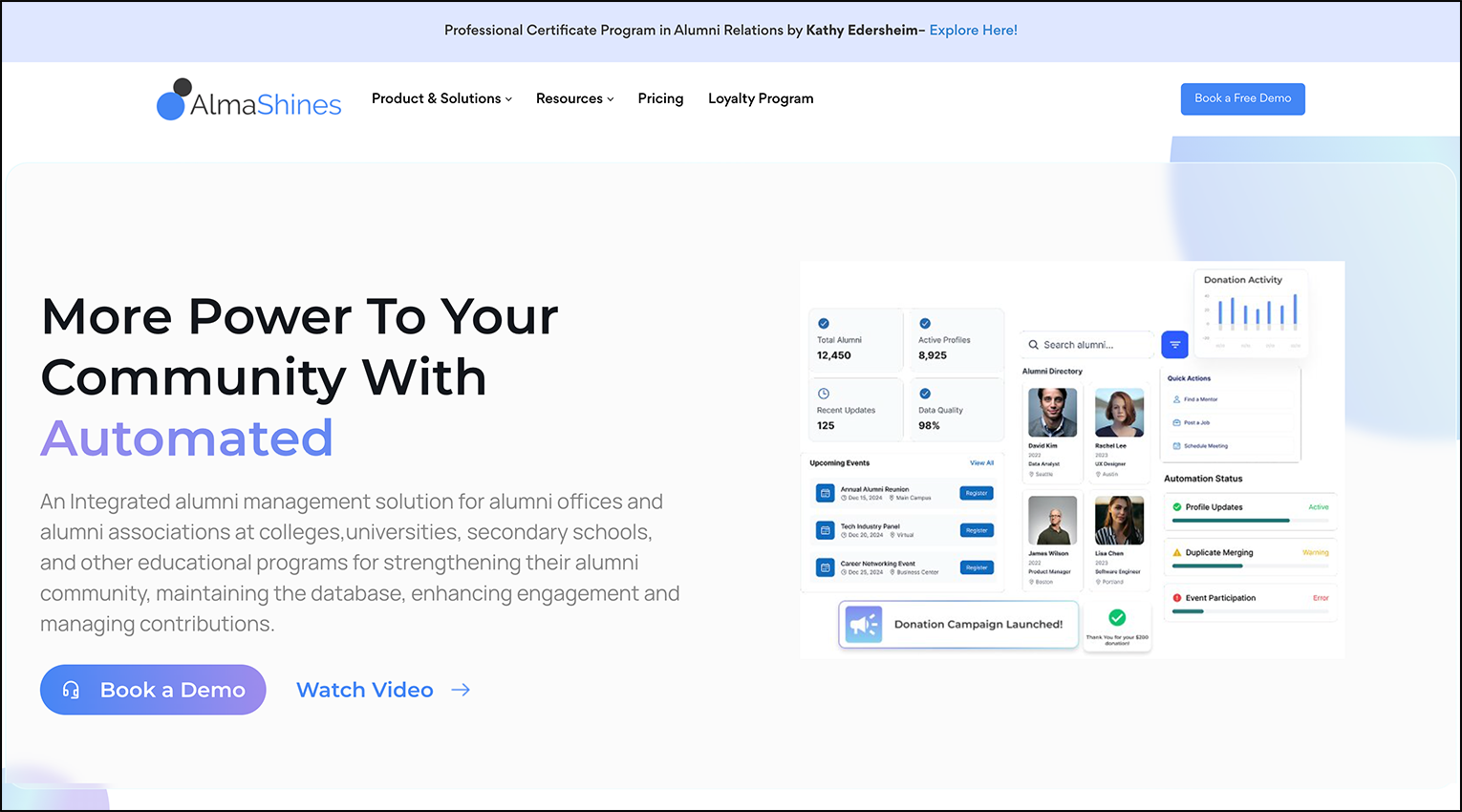 A screenshot of the home page for alumni management software, AlmaShines