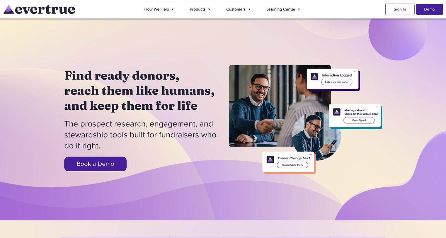 A screenshot of the home page for alumni management software, EverTrue