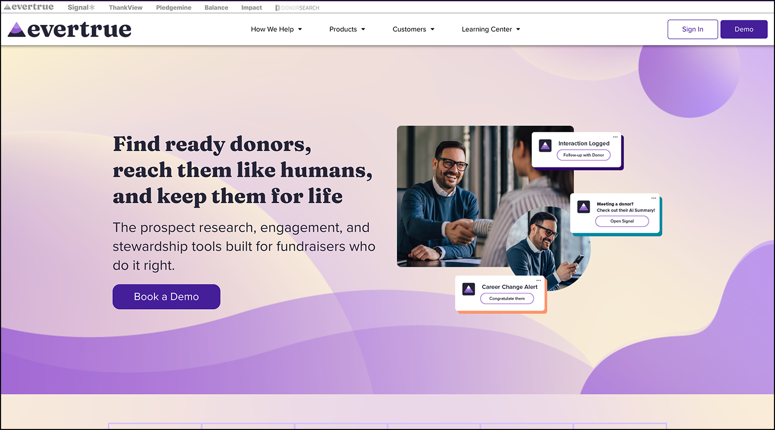 A screenshot of the home page for alumni management software, EverTrue