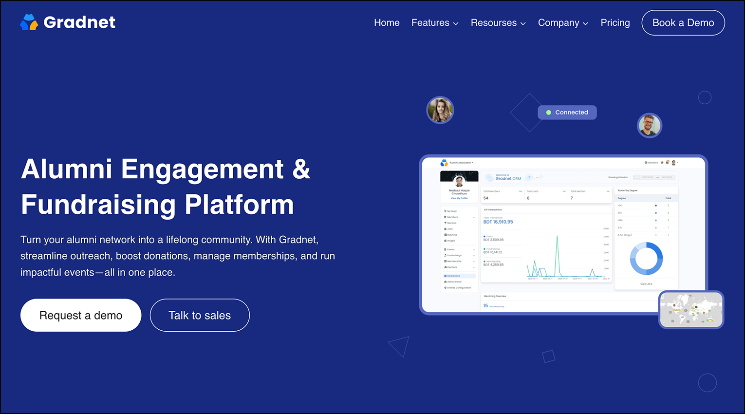 A screenshot of the home page for alumni management software, Gradnet