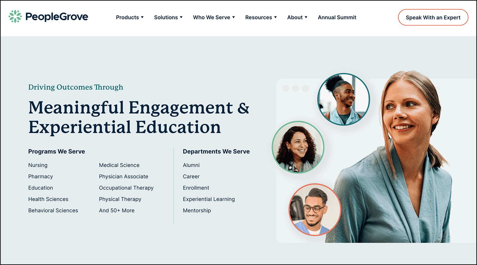 A screenshot of the home page for alumni management software, PeopleGrove