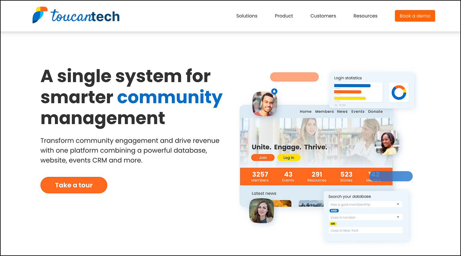 A screenshot of the home page for alumni management software, Toucantech