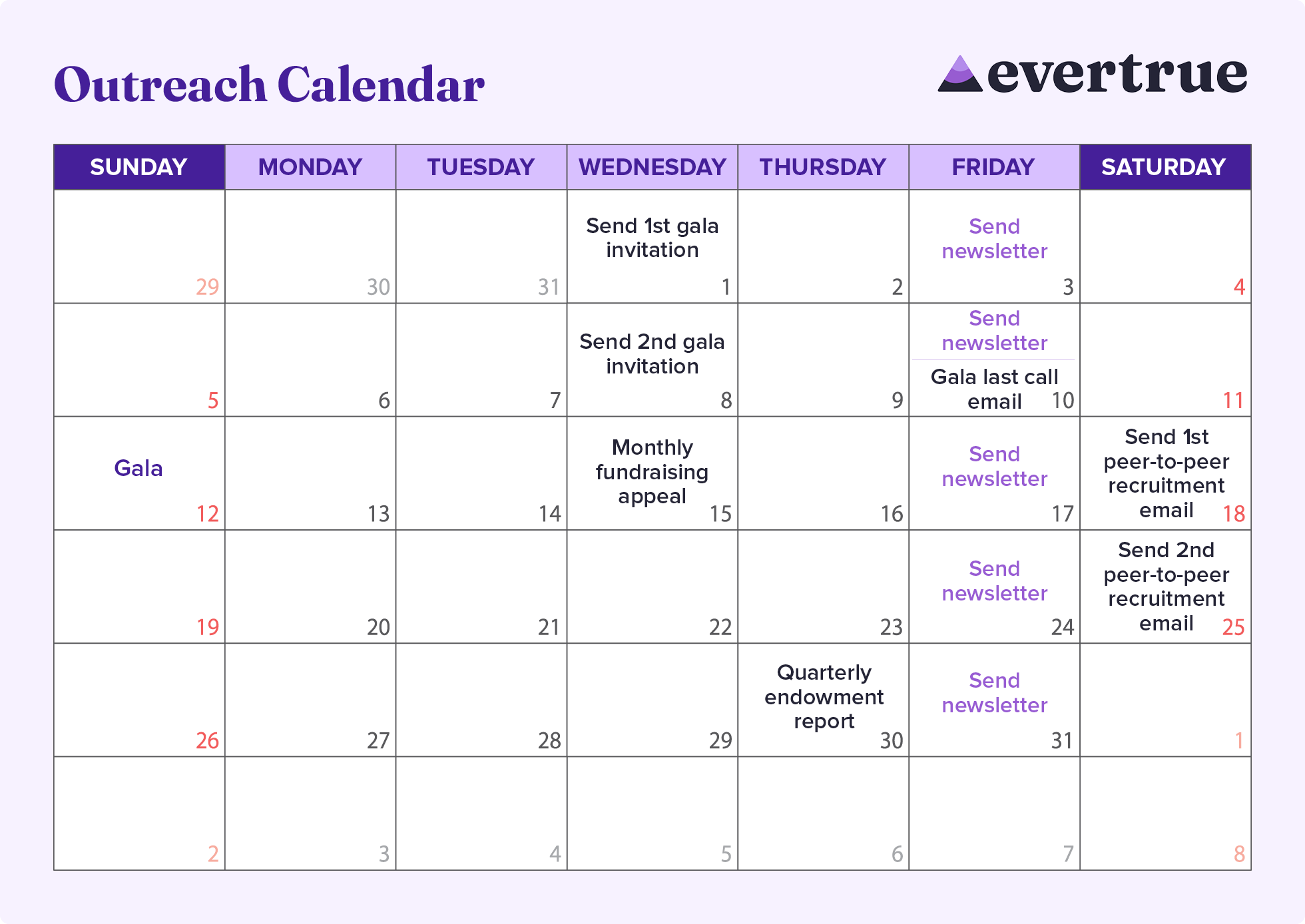 An example outreach calendar